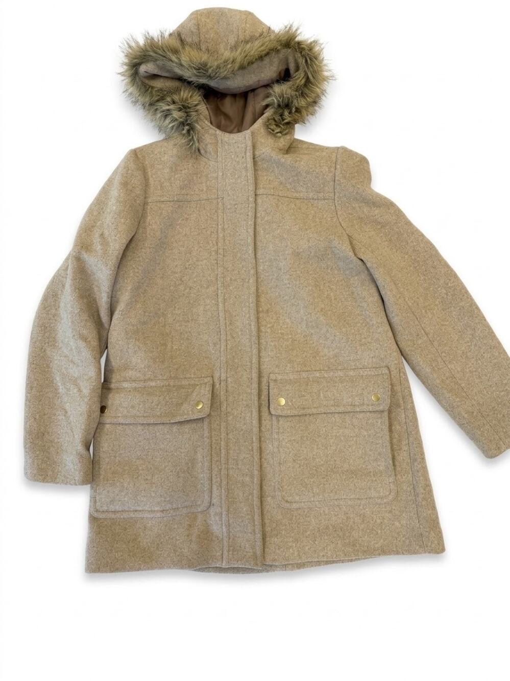 J Crew Camel Wool Blend Faux Fur Hooded Parka Winter Jacket Coat Preppy